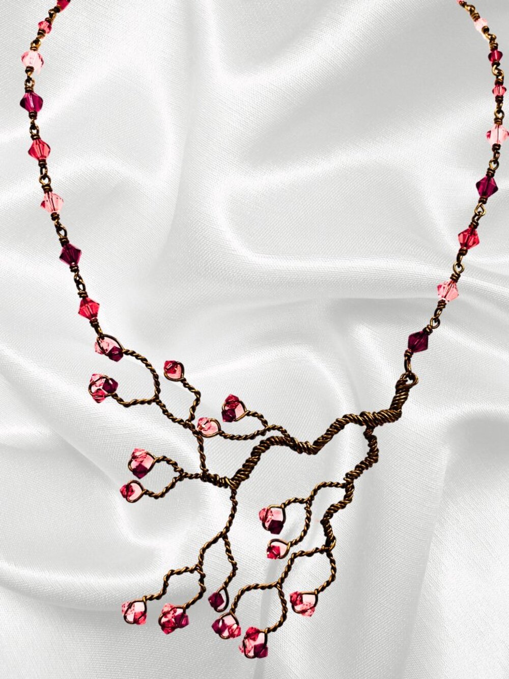 Hand Twisted Copper Tree Necklace Pink Crystal Cherry Blossom Statement Artisan